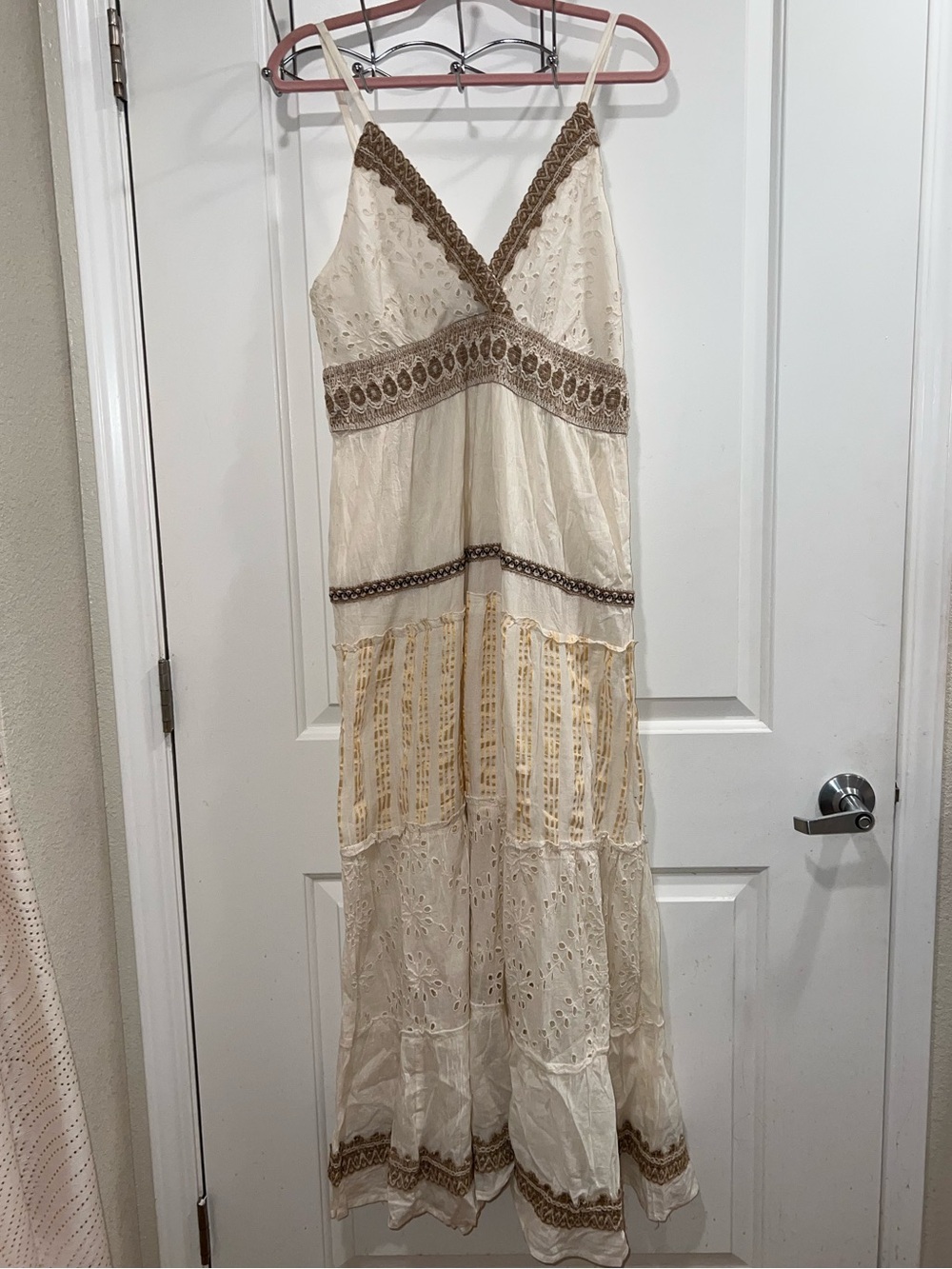 Boho Ivory Eyelet Lace Maxi Dress with Crochet Trim Vacation Autumn / Fall